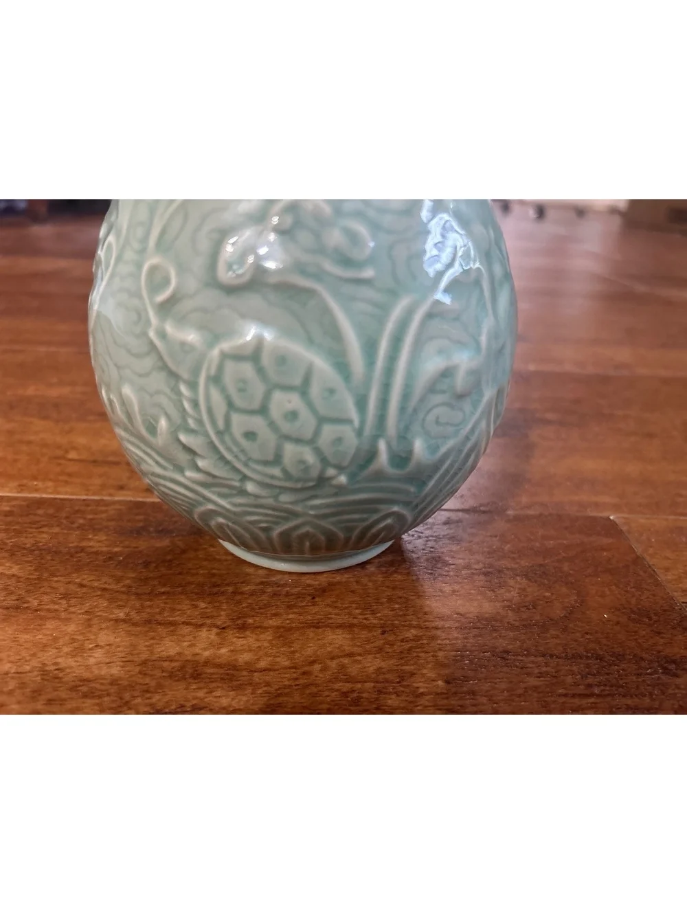 Celadon Green Ceramic Vase with Raised Animal and Floral Motifsp